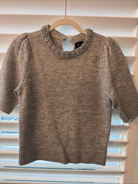 Marled Gray Embellished Crewneck Short-Sleeve Sweater